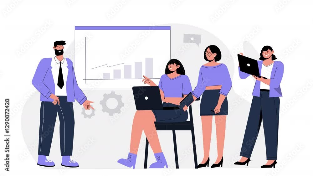 Flat scene animation depicting a business coach working with clients, sharing insights and strategies for business success and growth in a professional environment. Flat scene animation depicting a business coach working with clients, sharing insights and strategies for business success and growth in a professional environment.