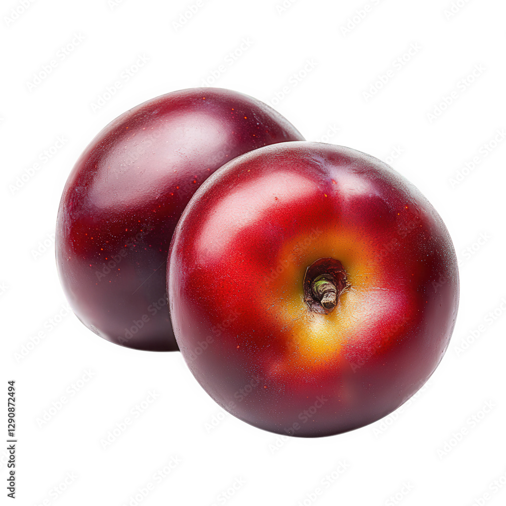 two shiny. red plums with a smooth surface. positioned closely together against a white background the vibrant color and glossy finish highlight their freshness. making them visually appealing and sui two shiny. red plums with a smooth surface. positioned closely together against a white background the vibrant color and glossy finish highlight their freshness. making them visually appealing and sui