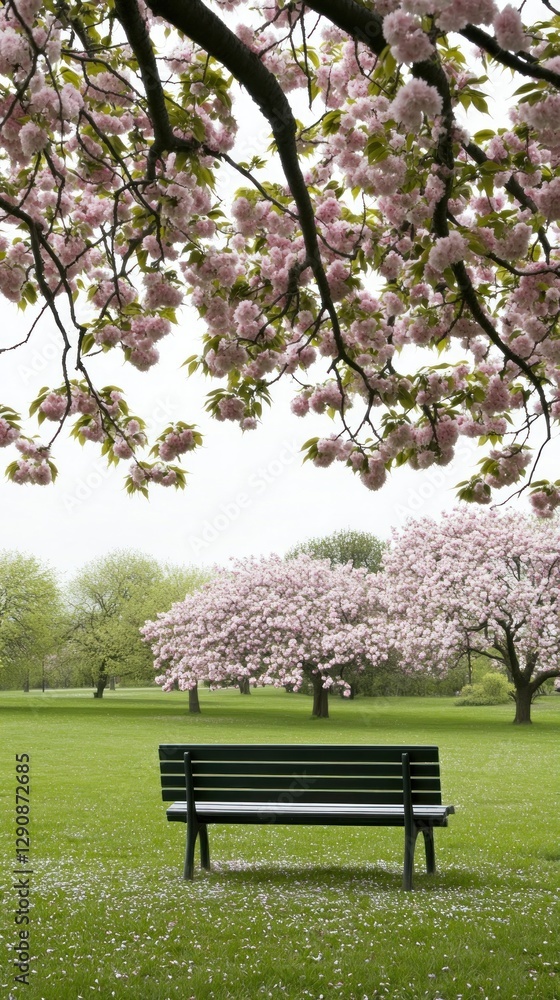 Bench in park with cherry blossoms; serene scene, spring mood, for travel brochure or social media content Bench in park with cherry blossoms; serene scene, spring mood, for travel brochure or social media content