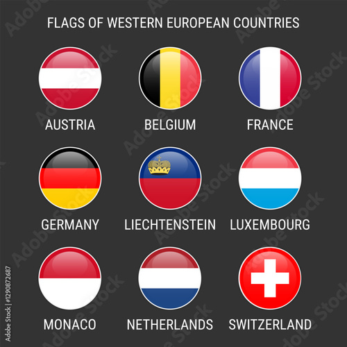 Circular flag icons of Western European countries. Set of vector icons on a gray background