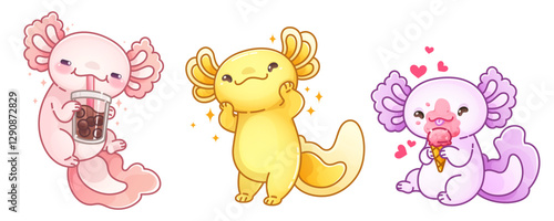 Cute axolotl characters set isolated on white background. Vector cartoon illustration of kawaii style pink and yellow salamander animal smiling, drinking bubble tea, eating ice cream, education mascot