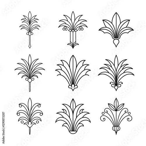 Set of Gatsby palmette ornate outline vector.