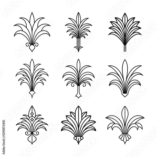 Set of Gatsby palmette ornate outline vector.