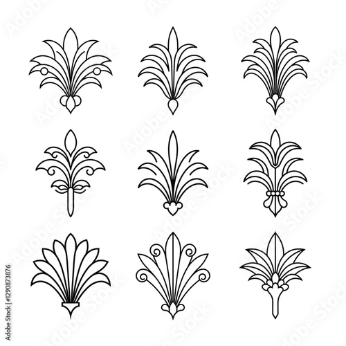 Set of Gatsby palmette ornate outline vector.
