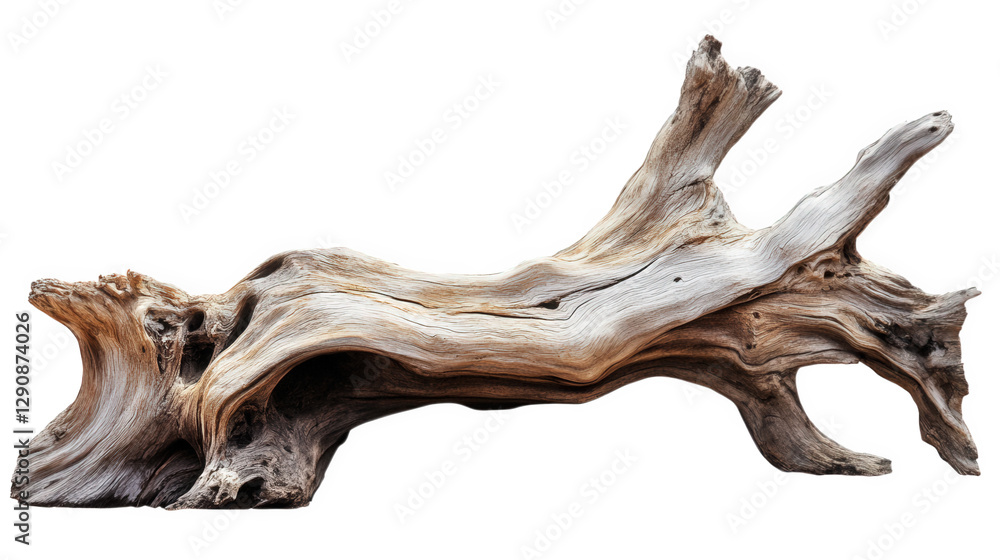 Fototapeta premium a beautifully weathered piece of driftwood. characterized by its intricate textures and natural curves it serves as a striking decorative element. ideal for interior design or artistic projects. empha