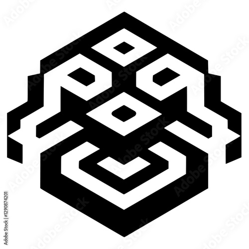 Abstract black and white symmetrical geometric graphic of an humanoid figure.