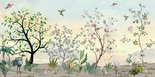 Blossom Mural, Wallpaper Design, Tree, watercolor background, Beautiful garden.