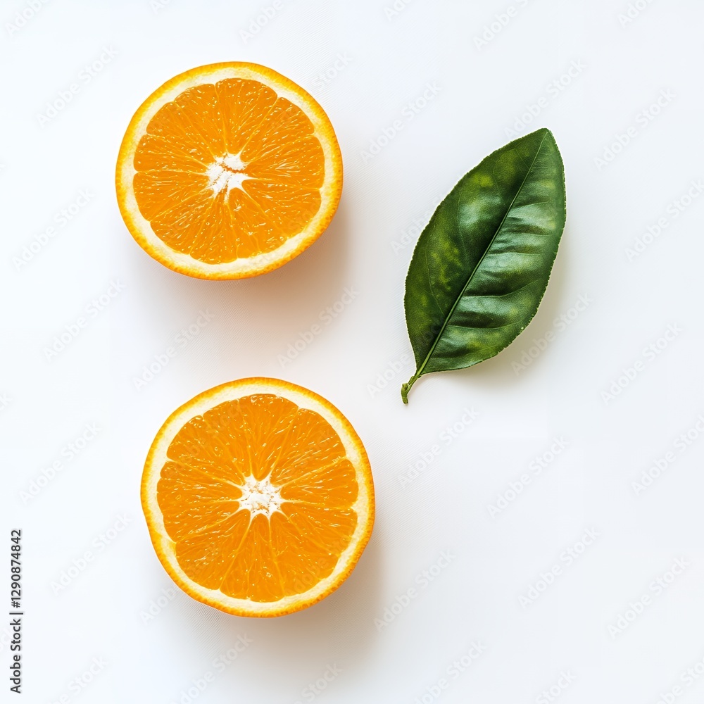 Fototapeta premium Two juicy orange halves and a fresh green leaf on a white background Perfect for healthy eating and vitamin C concepts