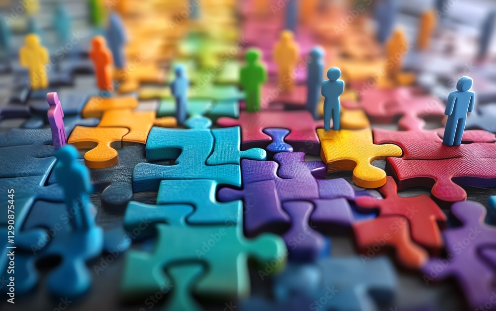 Obraz premium Digital concept of colorful puzzle pieces coming together, with figures from various backgrounds, symbolizing HR strategies of inclusion, teamwork, and diverse collaboration