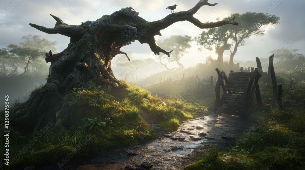 Bird sits on tree in rural path, with bridge in scenic sunlight. Symbolizing nature walk concept Bird sits on tree in rural path, with bridge in scenic sunlight. Symbolizing nature walk concept