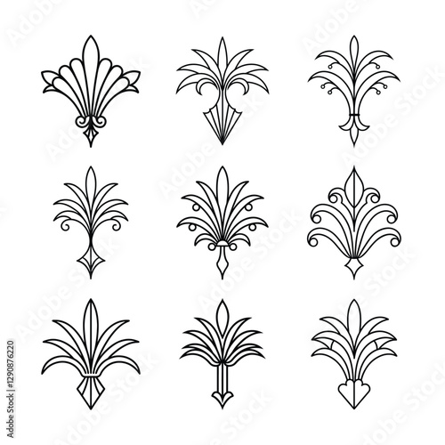 Set of Gatsby palmette ornate outline vector.