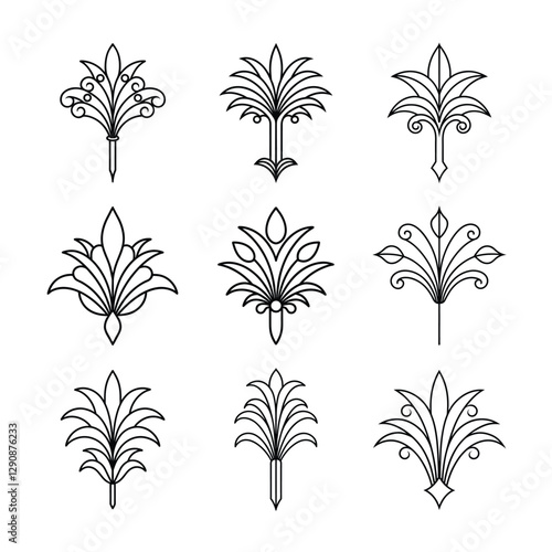 Set of Gatsby palmette ornate outline vector.