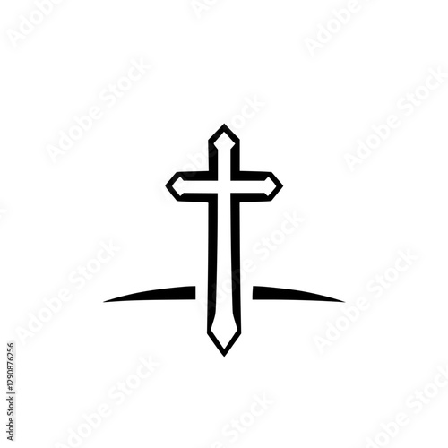 Black and white simplified image of a cross with an inverted V shape at the bottom set on a white background with two horizontal lines.