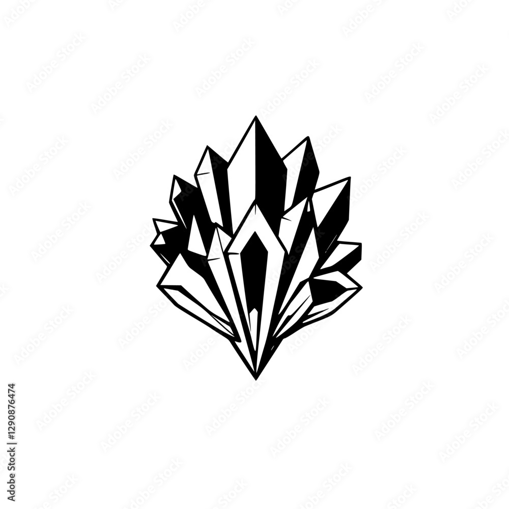 Obraz premium Black and white stylized illustration of a cluster of crystals with geometric shapes on a white background.
