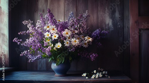 Wallpaper Mural Romantic Spring Floral Arrangement with Lilacs, Bluebells, and Daisies, Soft Pastel Flowers on a Dark Wooden Table Torontodigital.ca