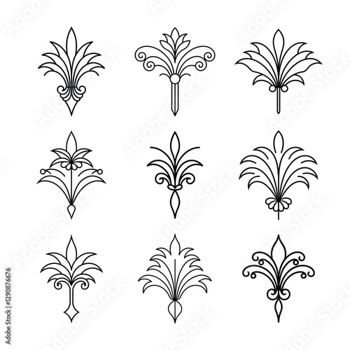 Set of Gatsby palmette ornate outline vector.