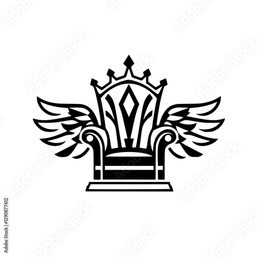 Regal Crowned Chair: Black and White minimalist graphic with winged wings and a simple diamond shape inside the throne's crown.