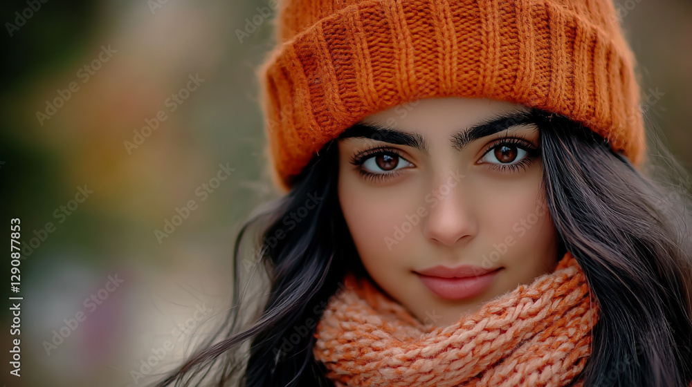 Portrait of a beautiful young woman in a winter hat and scarf, close-up, outdoor portrait. Portrait of a beautiful young woman in a winter hat and scarf, close-up, outdoor portrait.