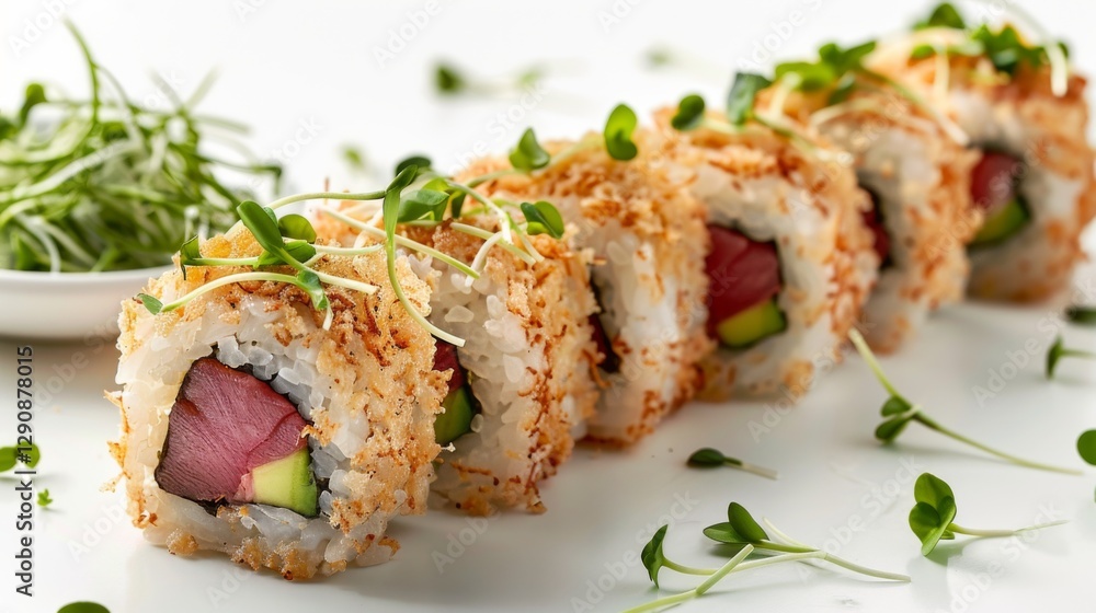 Sushi rolls display vibrant layers of fresh tuna and avocado, coated in crispy panko breadcrumbs, beautifully arranged with microgreens on a white plate. Sushi rolls display vibrant layers of fresh tuna and avocado, coated in crispy panko breadcrumbs, beautifully arranged with microgreens on a white plate.