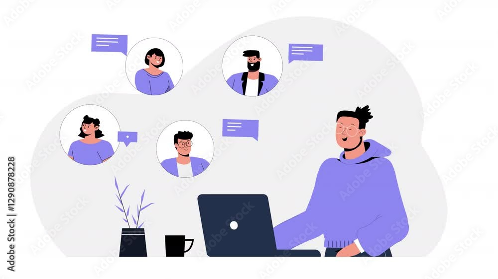 Flat character scene animation showing individuals communicating through different platforms like email, chat, or phone, highlighting digital communication tools. Flat character scene animation showing individuals communicating through different platforms like email, chat, or phone, highlighting digital communication tools.