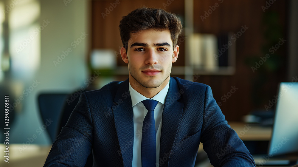 Confident young man in formal attire at a modern desk, embodying professionalism and ambition. Confident young man in formal attire at a modern desk, embodying professionalism and ambition.