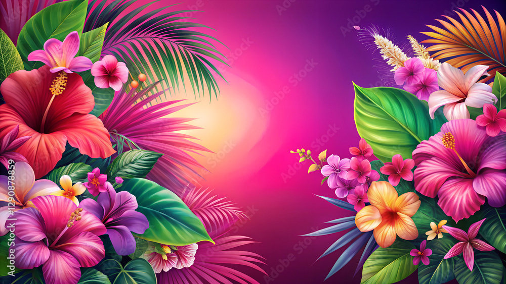 Obraz premium tropical bloom background, exotic hibiscus and orchid flowers in vivid pinks and purples, vibrant and lush with copy space 