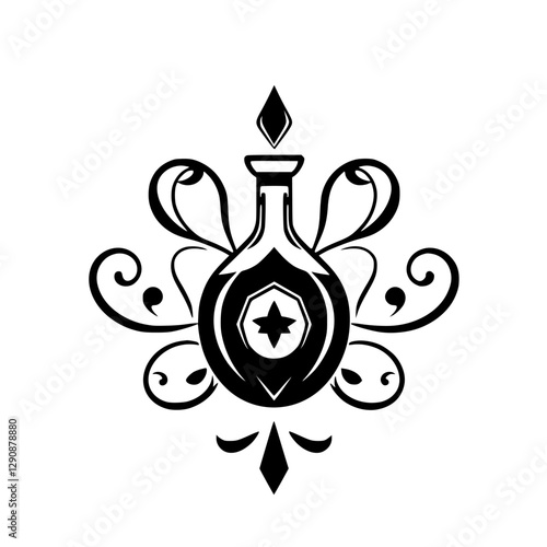 Elaborate black and white ink illustration depicting a flask-shaped icon with floral and decorative elements.