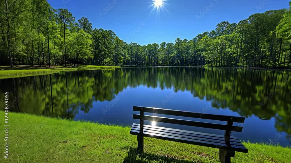 Bench overlooking a lake surrounded by trees under sunlight used to promote nature's tranquility Bench overlooking a lake surrounded by trees under sunlight used to promote nature's tranquility