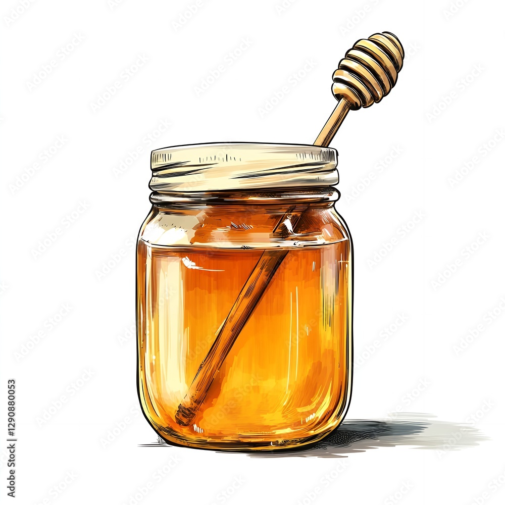 Delicious Golden Honey in a Glass Jar with Wooden Dipper Sweet Treat for Breakfast or Snack Delicious Golden Honey in a Glass Jar with Wooden Dipper Sweet Treat for Breakfast or Snack