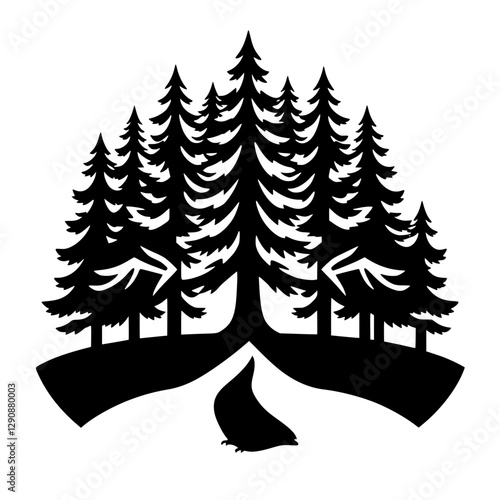 Black silhouette of forest, coniferous trees, bird, path, white background.