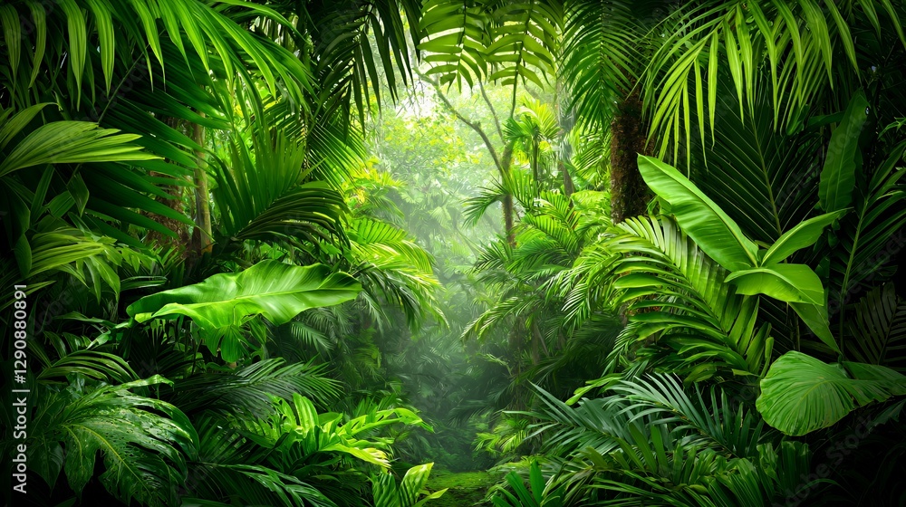 Lush Green Tropical Jungle with Sunlight Beams Lush Green Tropical Jungle with Sunlight Beams