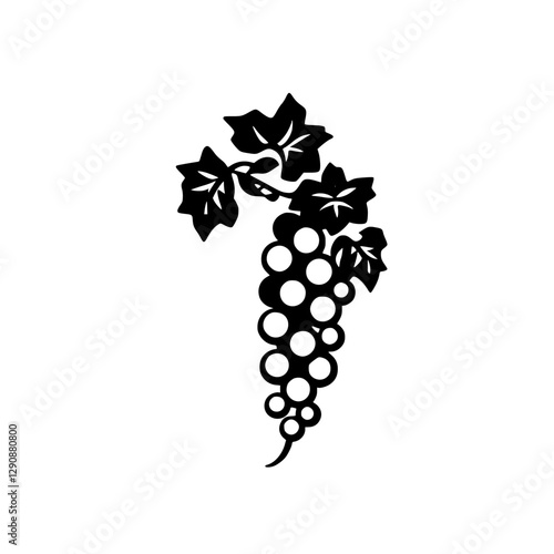 Black and White stylized illustration of grape cluster with leaves on white background. Simple design.