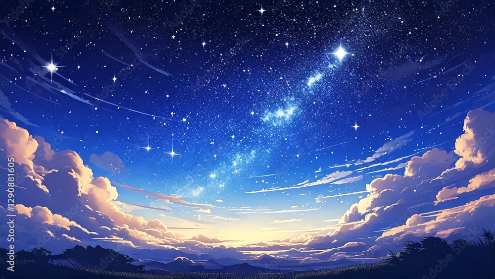 Fototapeta premium アニメタッチ 広々とした星屑 雲海 夜景 背景素材 チラシ・バナー・動画素材 AI生成素材
