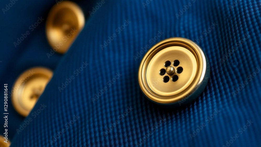 Close-up of a textured blue fabric with golden buttons A detail shot showcasing fine tailoring and m Close-up of a textured blue fabric with golden buttons A detail shot showcasing fine tailoring and m