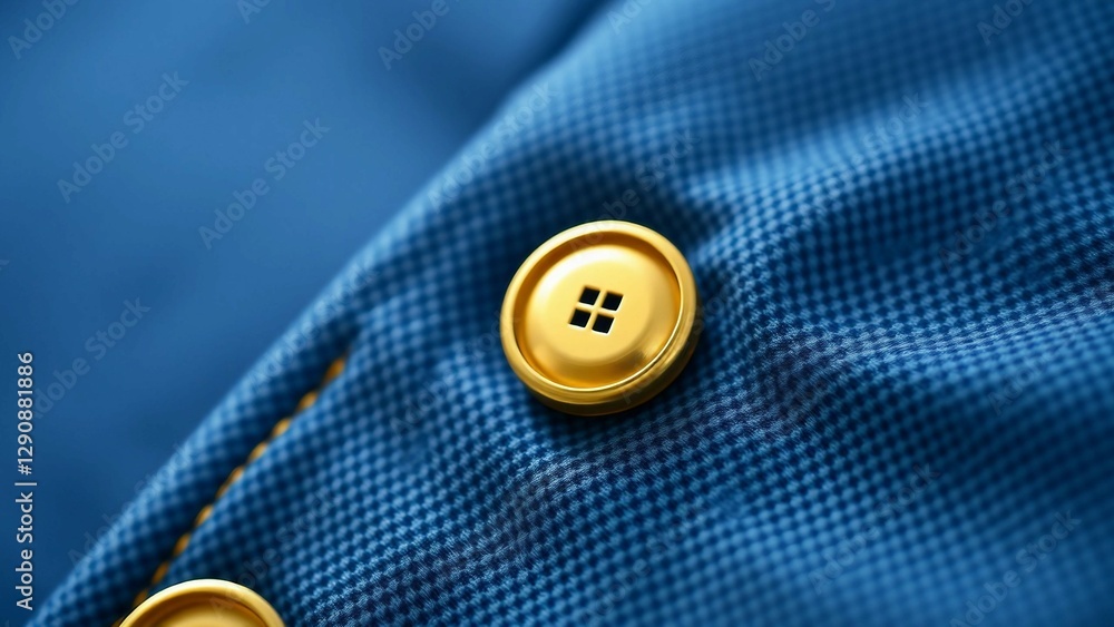Close-up of a textured blue fabric with golden buttons A detail shot showcasing fine tailoring and m Close-up of a textured blue fabric with golden buttons A detail shot showcasing fine tailoring and m