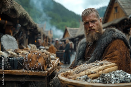 Viking merchant showcasing handmade jewelry and furs in a bustling ancient marketplace surrounded by craftsmen and townsfolk