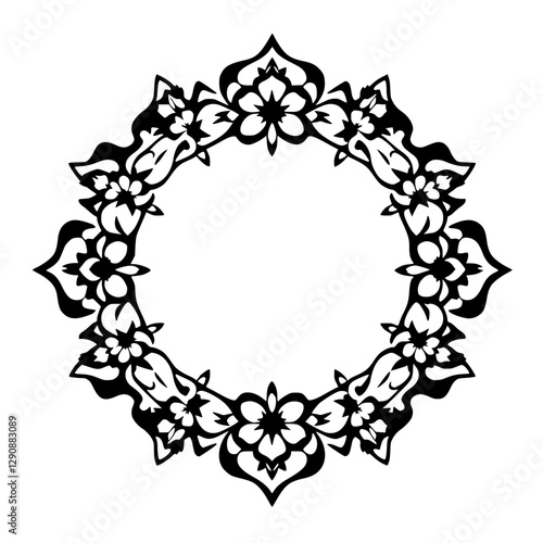 A symmetrical floral wreath with an open center, composed of intricate black flower and leaf details against a white background.