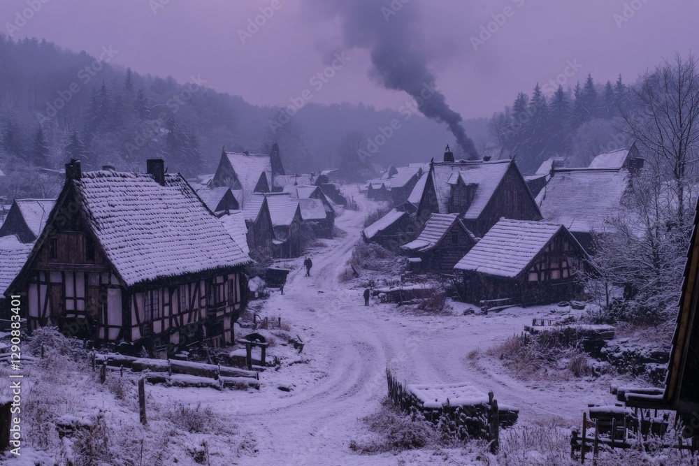 Snow-covered village in twilight with smoke rising from a chimney amidst a winter landscape Snow-covered village in twilight with smoke rising from a chimney amidst a winter landscape