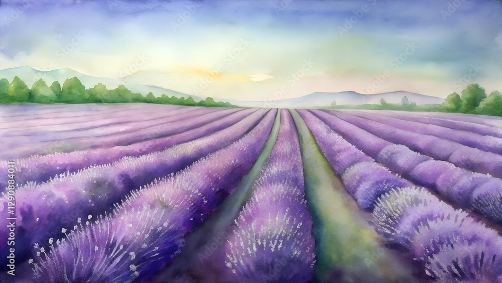 Obraz premium Watercolor lavender field background, soothing lavender flowers in soft purples with hints of green, tranquil and aromatic with copy space 