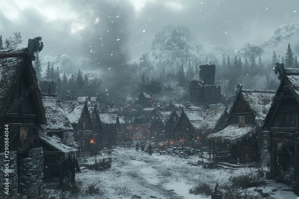 Fototapeta premium Winter village engulfed in snow with smoke rising from distant buildings and snowy mountains in the background during twilight