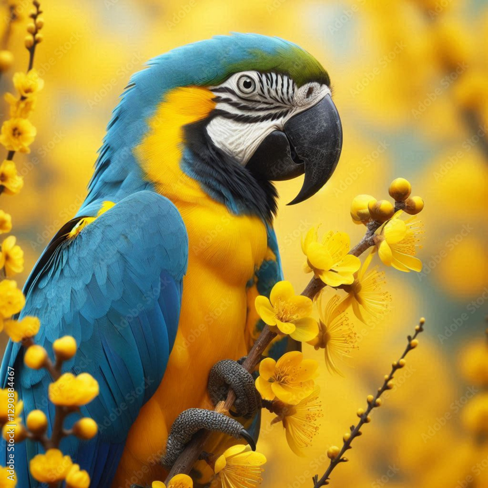 Obraz premium Vibrant Blue and Yellow Macaw Perched Among Golden Blossoms