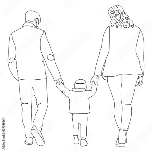 dessin en ligne continue d'une famille de dos, line art, vecteur