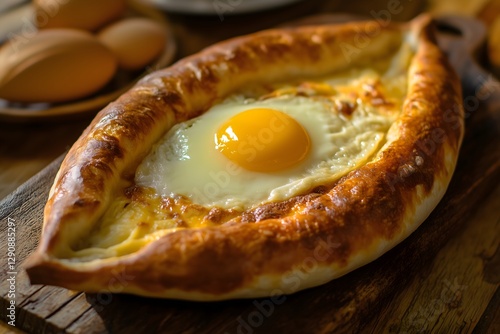 A traditional golden brown boat shaped Georgian Khachapuri