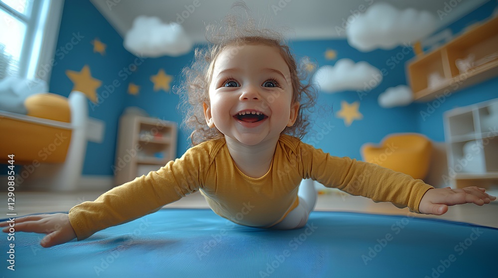 Stylish indoor playroom with a safe and colorful indoor trampoline. A cheerful toddler jumps with delight, surrounded by soft flooring and bright wall stickers with clouds and stars