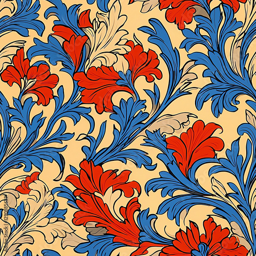 Close-Up of Intricate Red Blue and White Wall Pattern for Modern Decor