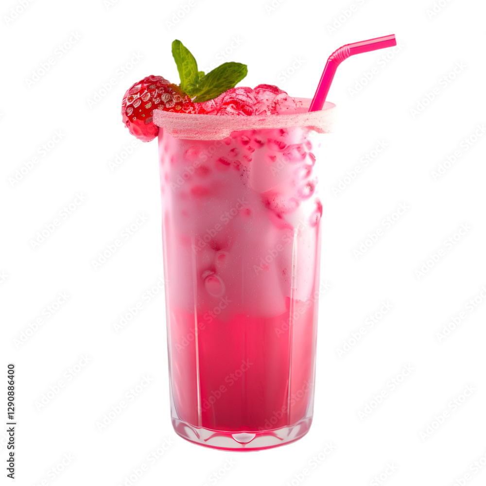 Refreshing Strawberry Drink Ice Cubes Mint Leaf Pink Straw, Refreshing Strawberry Drink Ice Cubes Mint Leaf Pink Straw,