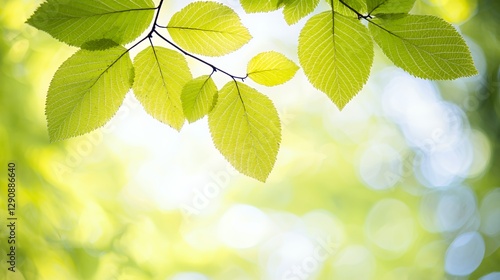 Close Up of Vibrant Green Leaves on Branch, Soft Sunlight Background