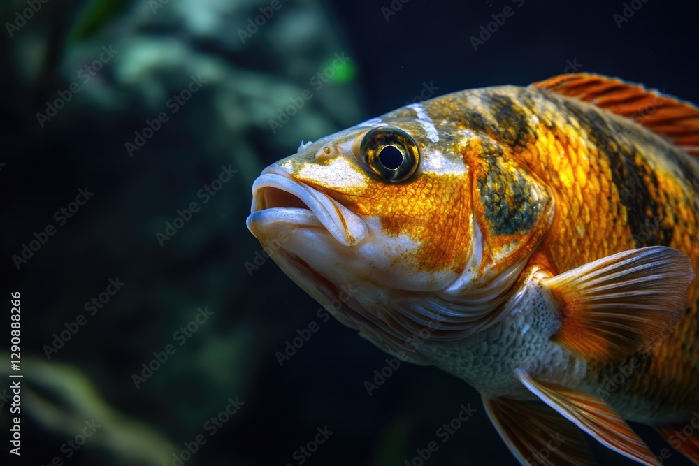 A close-up view of a fish swimming in its aquatic home, perfect for using as a background or adding to a design A close-up view of a fish swimming in its aquatic home, perfect for using as a background or adding to a design