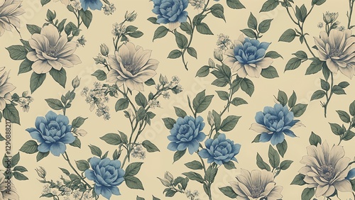 Vintage floral wallpaper with blue roses