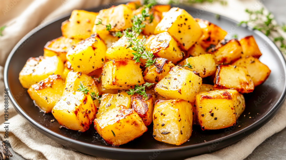 Roasted rutabaga and parsnip wedges with herbs and spices on black plate. Concept of healthy eating, root vegetables and wholesome comfort food. Perfect for food blogs, nutrition, and seasonal recipes Roasted rutabaga and parsnip wedges with herbs and spices on black plate. Concept of healthy eating, root vegetables and wholesome comfort food. Perfect for food blogs, nutrition, and seasonal recipes